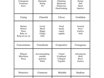 Taboo - Character Traits.  Useful for study of character traits.  Role playing or word Playing.