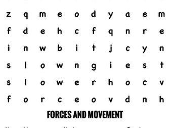 Science Wordsearch. Forces and movement 3