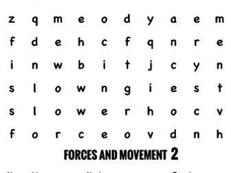 Science Wordsearch. Forces and movement 2