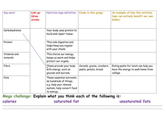 Nutrition groups worksheet - Citizenship / PSHE Resources