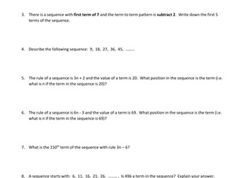 More challenging linear sequences questions aimed at Y7 mid-high ability.