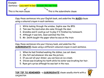 Main and Subordinate clauses worksheet