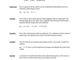 Algebra - Key Words Matching Activity
