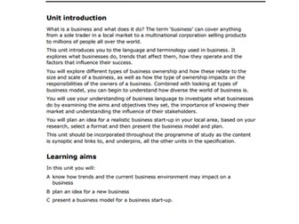 BTEC Business Studies Unit 1 student booklet - Enterprise in the business world