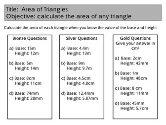 Mastery Maths - Area of a Triangle Lesson - PowerPoint and Worksheets with Answers on  lesson slides