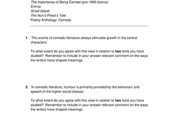 AQA A-Level Literature B Paper 1 Aspects of Comedy Section C Exam Questions