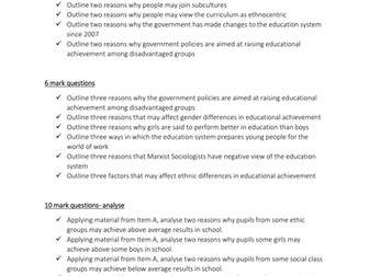 A Level (AQA new specification) Sociology practice exam questions collated by exam paper