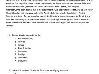 Holidays Ferien Urlaub new GCSE reading style activity