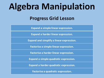 Progress Grid Lesson - Algebra Manipulation I - Worksheet, Answers, Helpsheet, Powerpoint