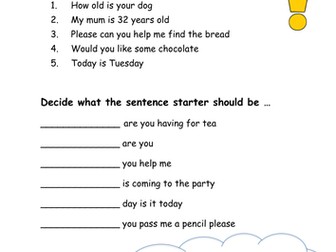 Year 1 Question Marks Worksheet (LA,MA,HA)