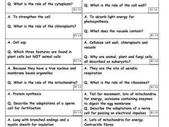 Revision card sorts for AQA 9-1 GCSE Biology / Combined – B1 - Cell structure, division & transport