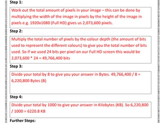 GCSE Computer Science - Calculating Image File Sizes - Worksheet