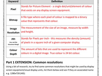 GCSE Computer Science - Data Representation: Representing Bitmap Images - Worksheet