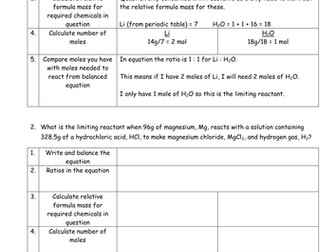 Limiting reactant guided questions sheet