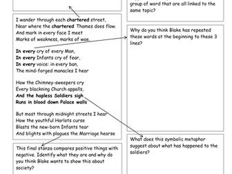 Lower Ability Worksheet for 'London' by William Blake