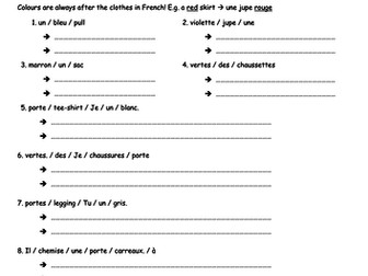 Worksheet year 8 clothes and simple opinion (vêtements,  j'aime porter)