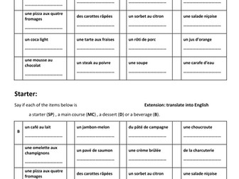 Food year 8 starter (French food) / differentiated reading (opinion, breakfast) / revision worksheet