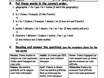 School subjects and opinions worksheet (find the missing letters, unjumble, reading, writing)