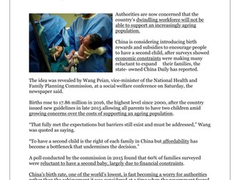 Worksheet and Newspaper Article. China, One Child Policy, Population.