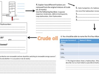 Revision worksheet / mat for Crude oil / fractional distillation/ hydrocarbons/ alkanes for AQA 9-1