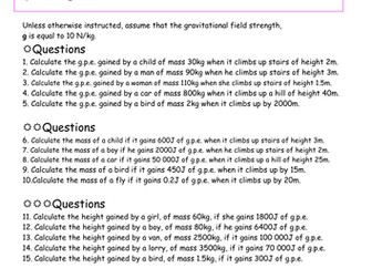 Differentiated Worksheet on Calculating Gravitational Potential Energy