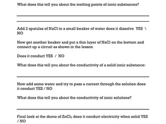 Practical activity to investigate the properties of Ionic Compounds
