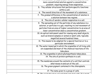 New AQA 9-1 Triology Chapter B1 Cell Structure & Transport Key Terms Homework