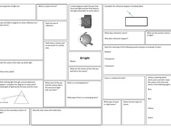 KS3 Unit 8J Light Exploring Science Revision broadsheet