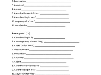 Scattergories KS1/KS2 Grammar Game
