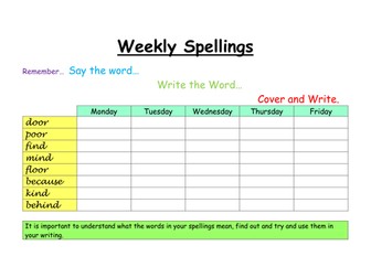 Year 3, 4, 5 and 6 Weekly Spellings