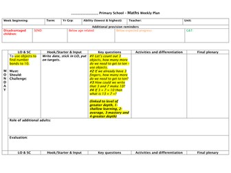 Weekly planning template for Maths