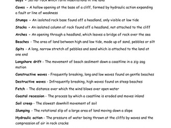 GCSE physical geography - rivers and coasts glossary of key terms and definitions