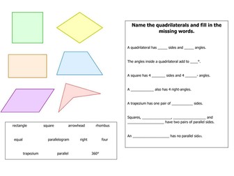 Properties of quadrilaterals- Fill in the missing words starter/plenary