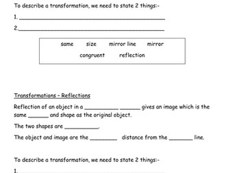Transformations-reflections- missing words starter/plenary