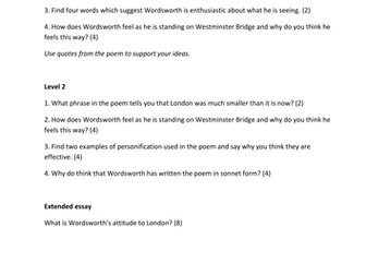 Composed upon Westminster Bridge: differentiated comprehension questions