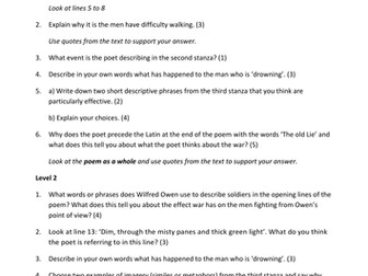 Dulce et Decorum est: differentiated comprehension questions