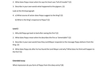 Samuel Pepys, Great Fire of London: differentiated comprehension questions