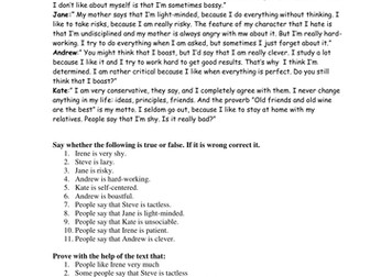 Character and personality worksheet