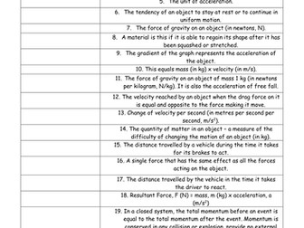 AQA Trilogy 9-1 Physics Force & Motion (Chapter 10) Key Terms Worksheet