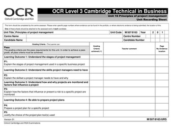 Cambridge Technicals - Business Studies Level 3 - 2016 -Unit 16 - Principles of Project Management