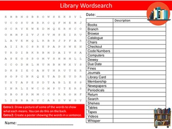 The Library Wordsearch English Literature Literacy Starter Activity Homework Cover Lesson Plenary