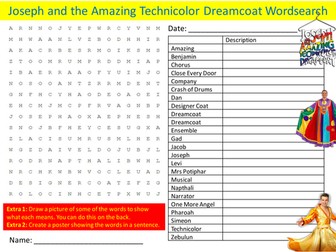 Joseph and the Amazing Technicolor Dreamcoat Wordsearch Starter Activity Homework Cover Plenary