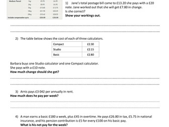Functional Skills Exam Revision worksheets-L2: Money/decimals