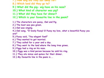 The Owl and the Pussycat  comprehension differentiated