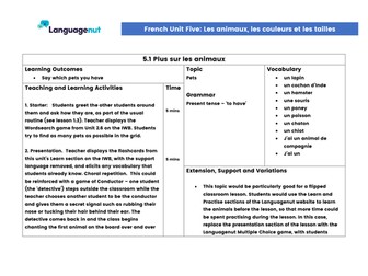 Languagenut Lesson Plans & Resources - French - Unit 5 - Animals, colours and sizes