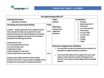 Languagenut Lesson Plans & Resources - French - Unit 12 - Weather