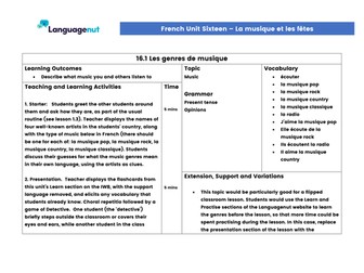 Languagenut Lesson Plans & Resources - French - Unit 16 - Music and Celebrations