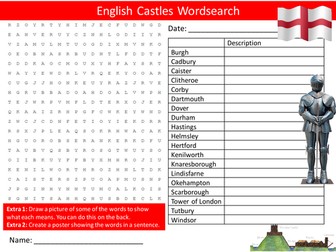 English Castles Wordsearch History Literacy Starter Settler Activity Homework Cover Lesson