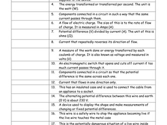 AQA Trilogy Physics Chapter 5 Electricity In The Home Key Terms Sheet