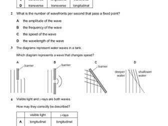 Worksheets/Assessment on General Properties of Waves with answers